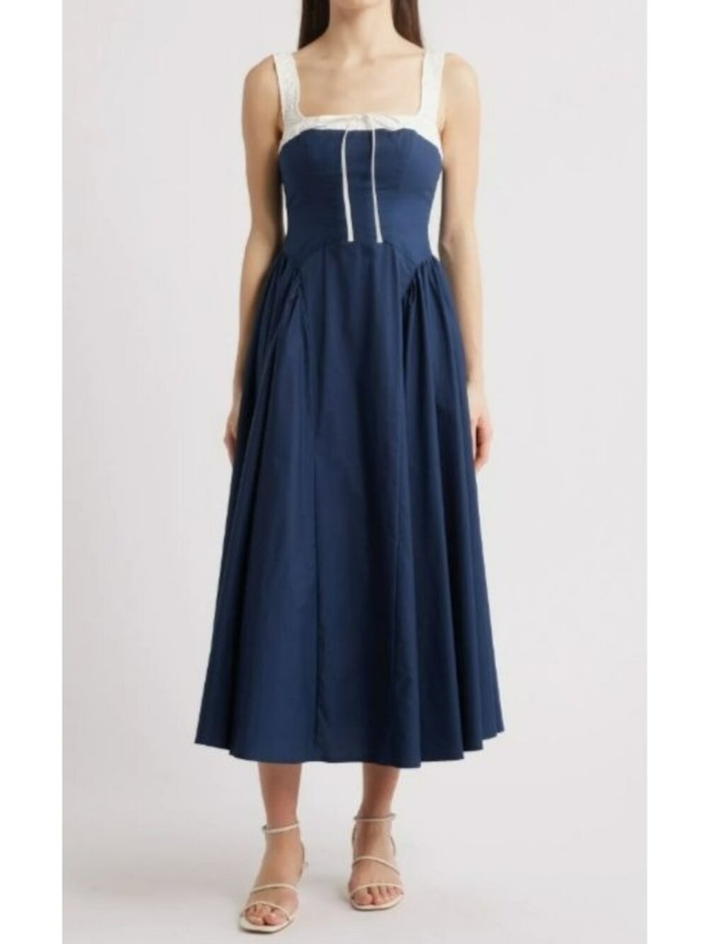Moon River Navy White Sleeveless Midi Dress Cotton Ruched Tie Front Womens L